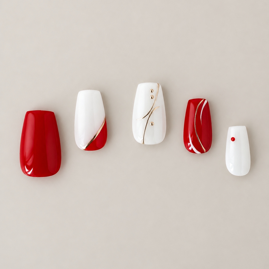 Red Formation red white and gold hand-painted press-on nails