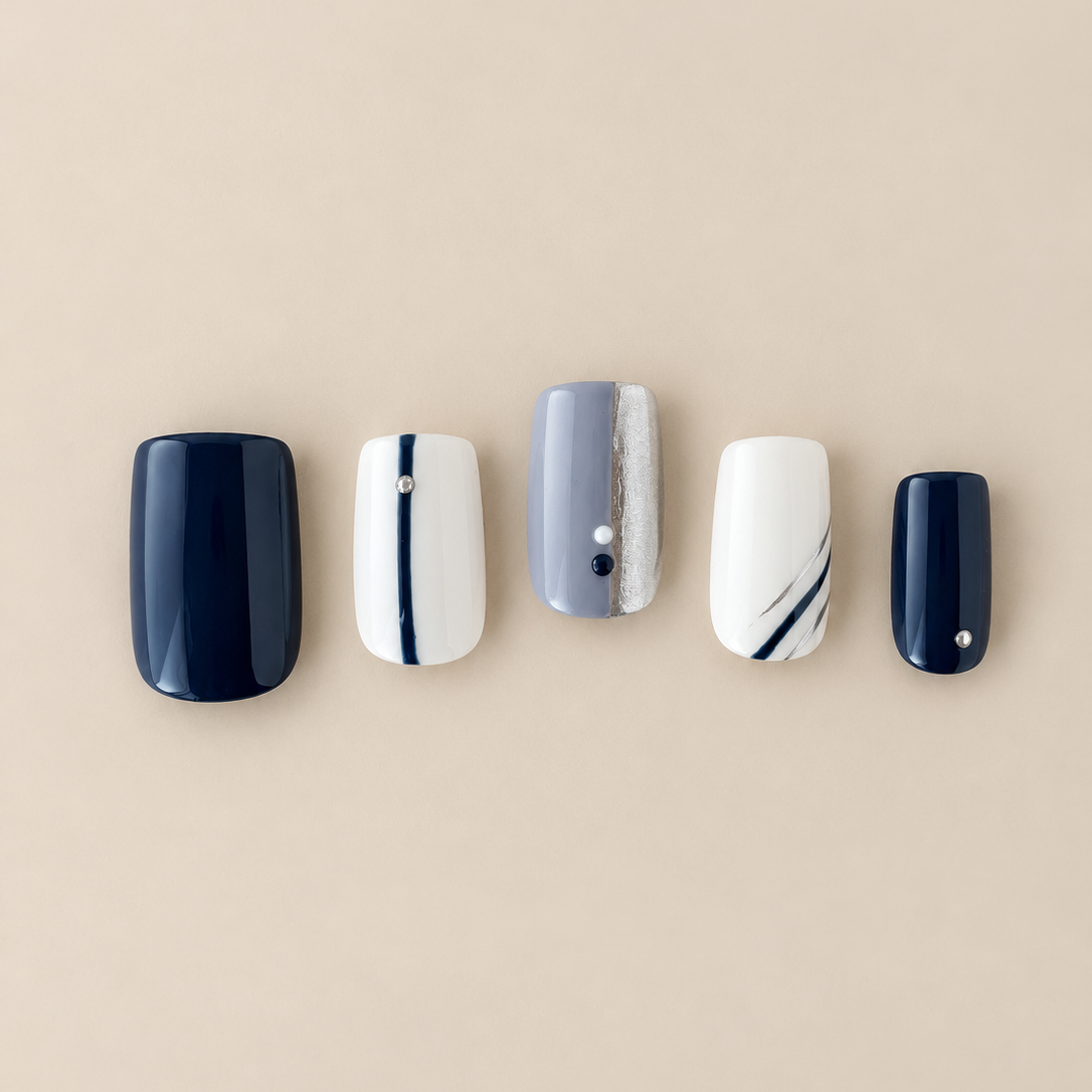 Halftime Steel navy silver and white handmade press-on nails