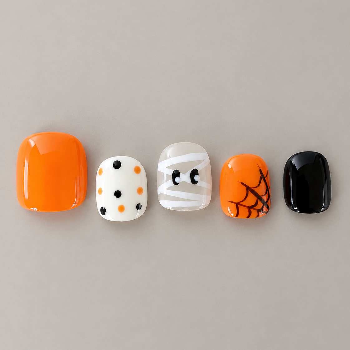 Wrap & Web Preset Mini five-design view with orange, dots, mummy, spiderweb and black nails